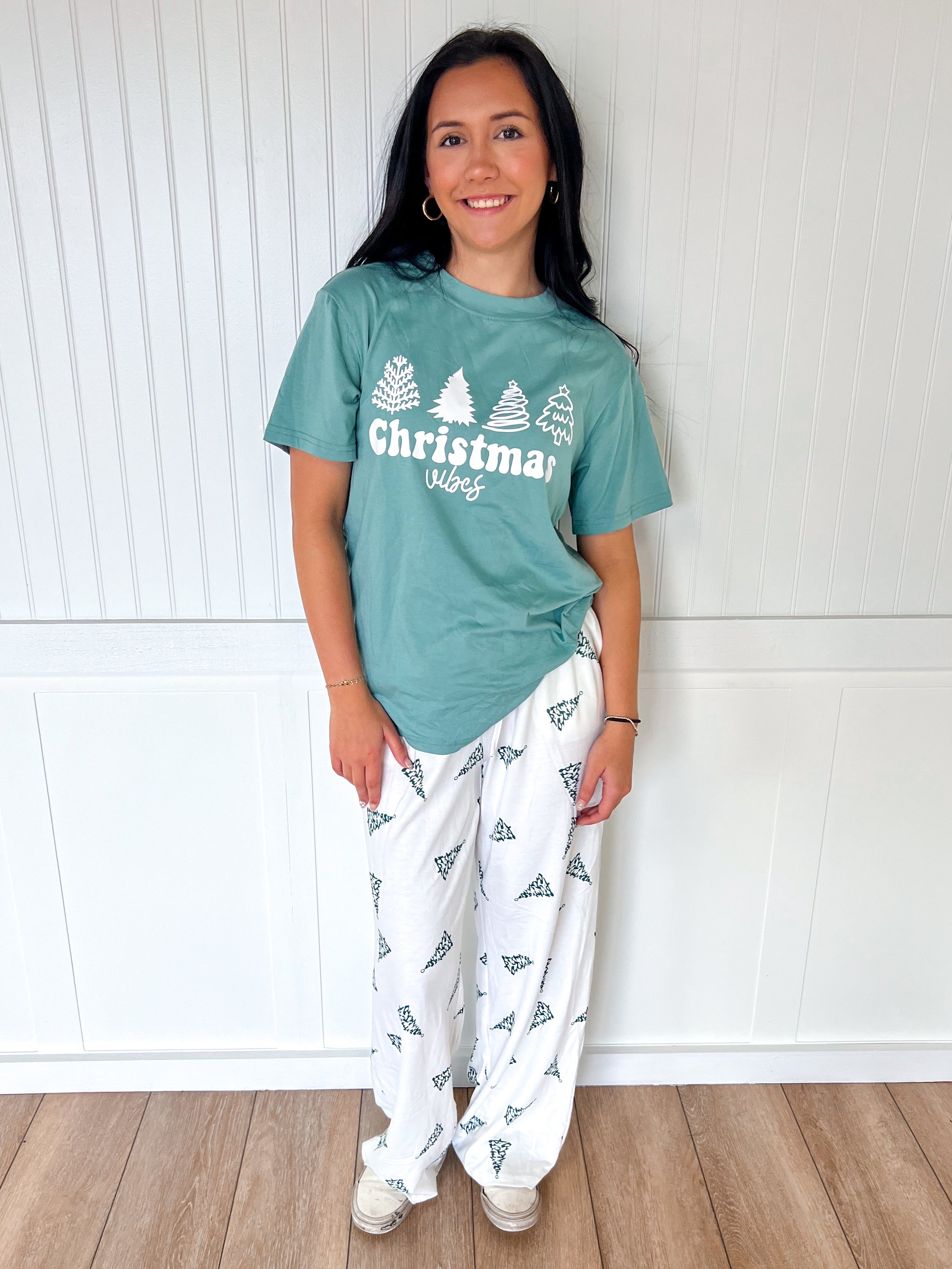 Christmas Pajamas Tree Printed Tee and Pants Lounge Set-fashionworks-Christmas tote ct1,FD 12/03/24-The Twisted Chandelier