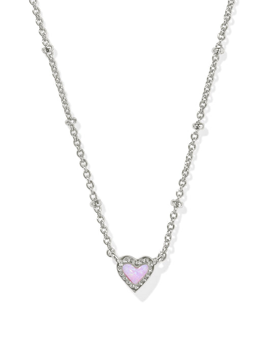 Kendra Scott Mini Ari Heart Satellite Short Pendant Necklace Silver Bubblegum Pink Kyocera Opal-Necklaces-Kendra Scott-CR 09/30/24, FD 10/01/24, N00854RHD-The Twisted Chandelier