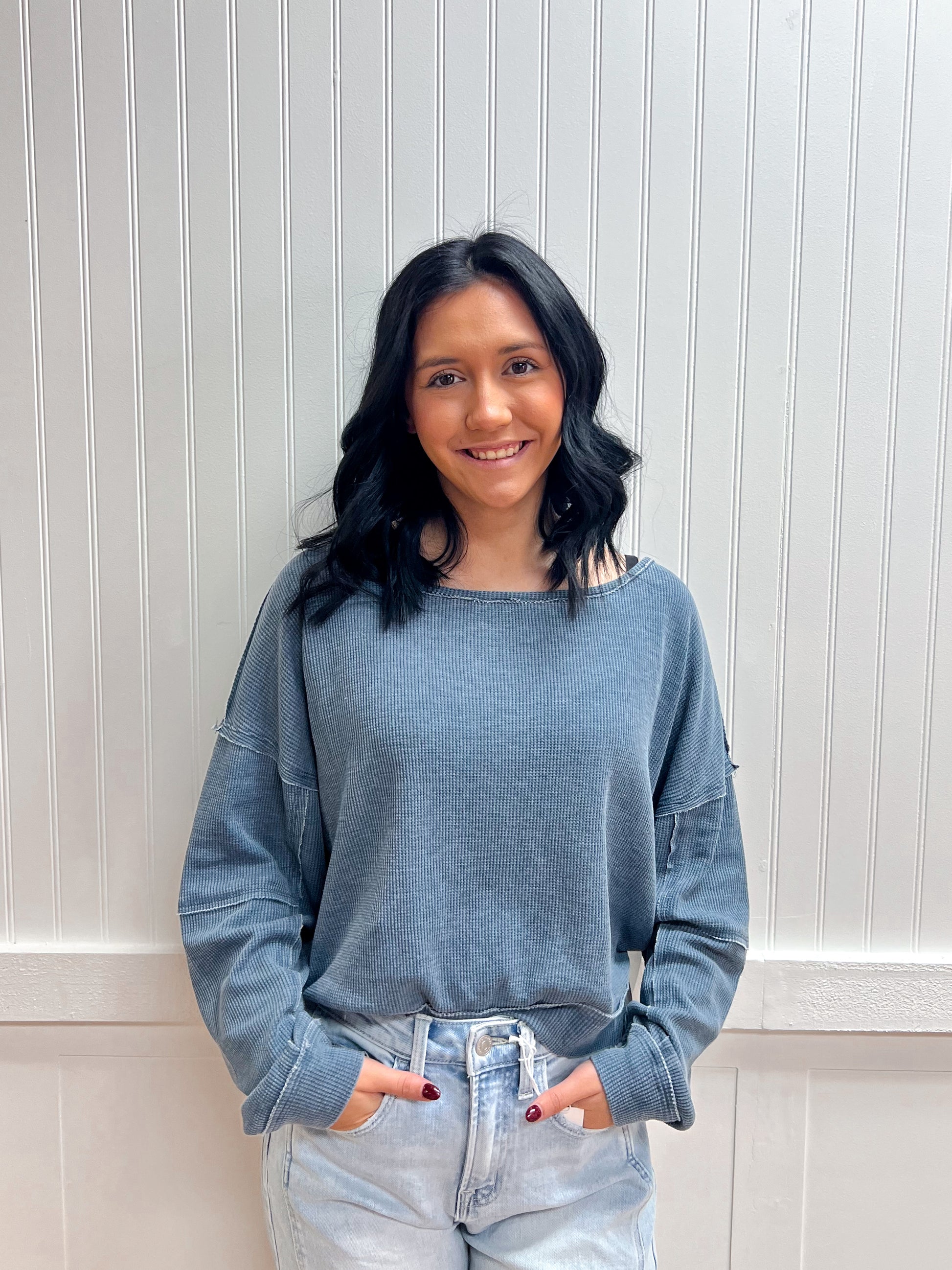 Bree Raw Edge Waffle Knit Boatneck Pullover-Mono B-FD 02/03/26,Tops Collection-The Twisted Chandelier