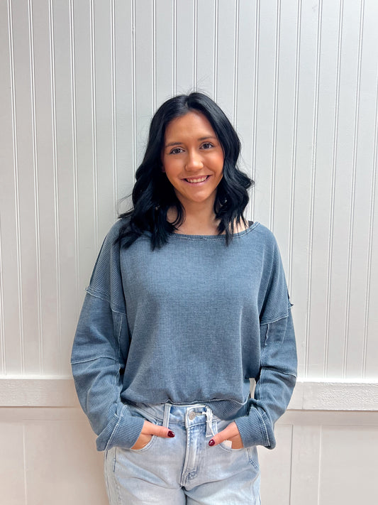 Bree Raw Edge Waffle Knit Boatneck Pullover-Mono B-FD 02/03/26,Tops Collection-The Twisted Chandelier