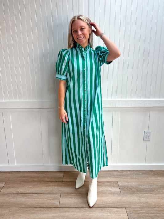 Charlotte Stripe Print Short Puff Sleeve Midi Dress
