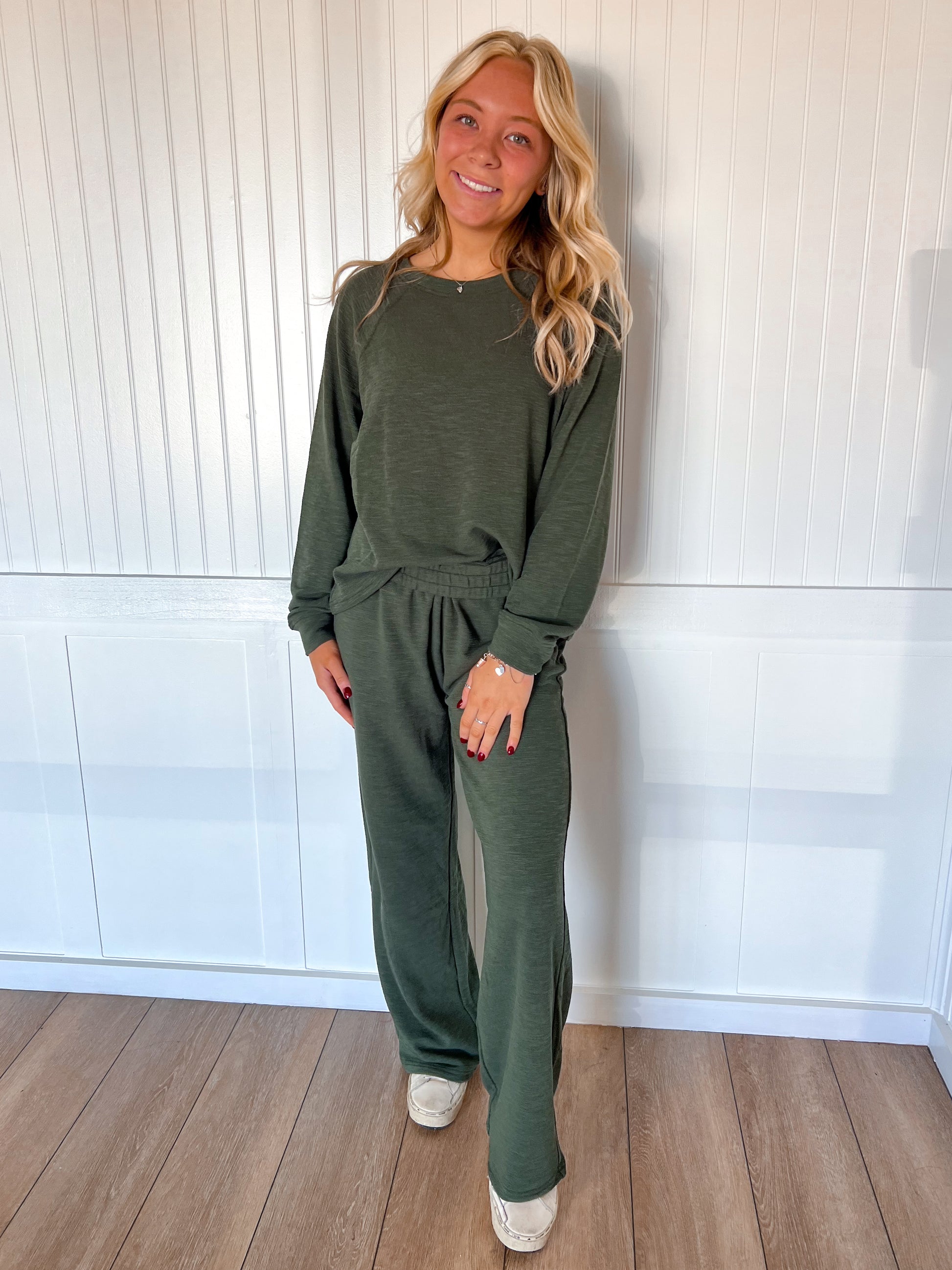 Sally Long Sleeve Top and Pant Set - Dark Olive-Zenana-The Twisted Chandelier