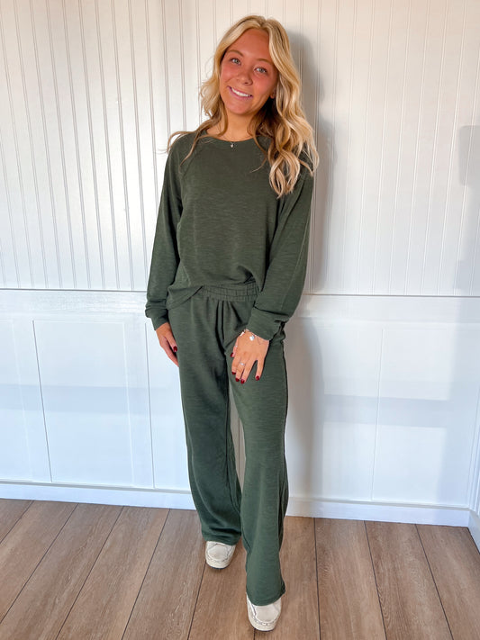 Sally Long Sleeve Top and Pant Set - Dark Olive-Zenana-The Twisted Chandelier
