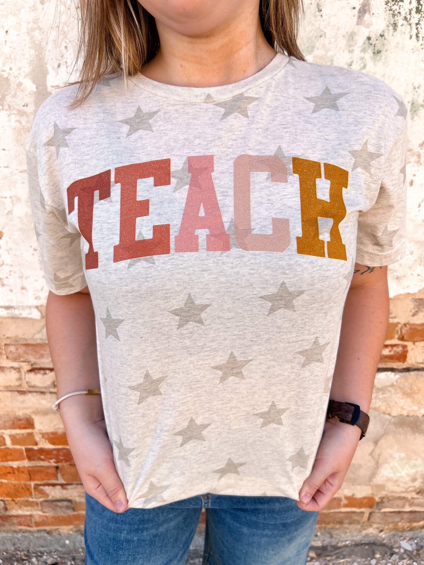 Teach Oatmeal Star Tee Shirt-Shirt-p&pd-11/28/23 md, 1st md-The Twisted Chandelier