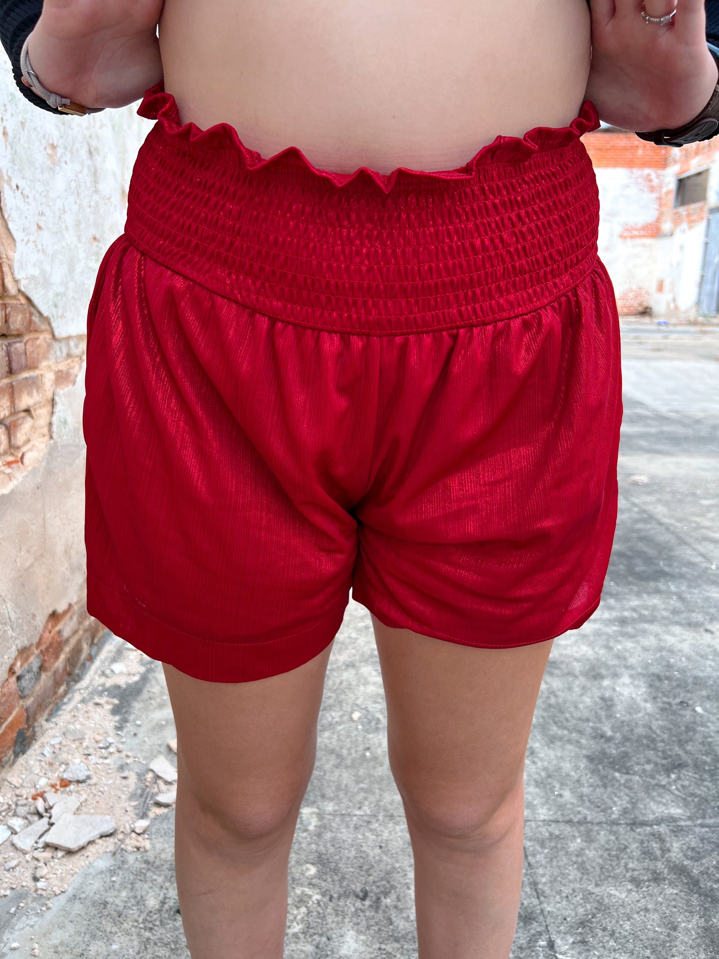 Red High Waisted Shimmer Shorts-Shorts-Southern Grace Wholesale-BIN A5-The Twisted Chandelier