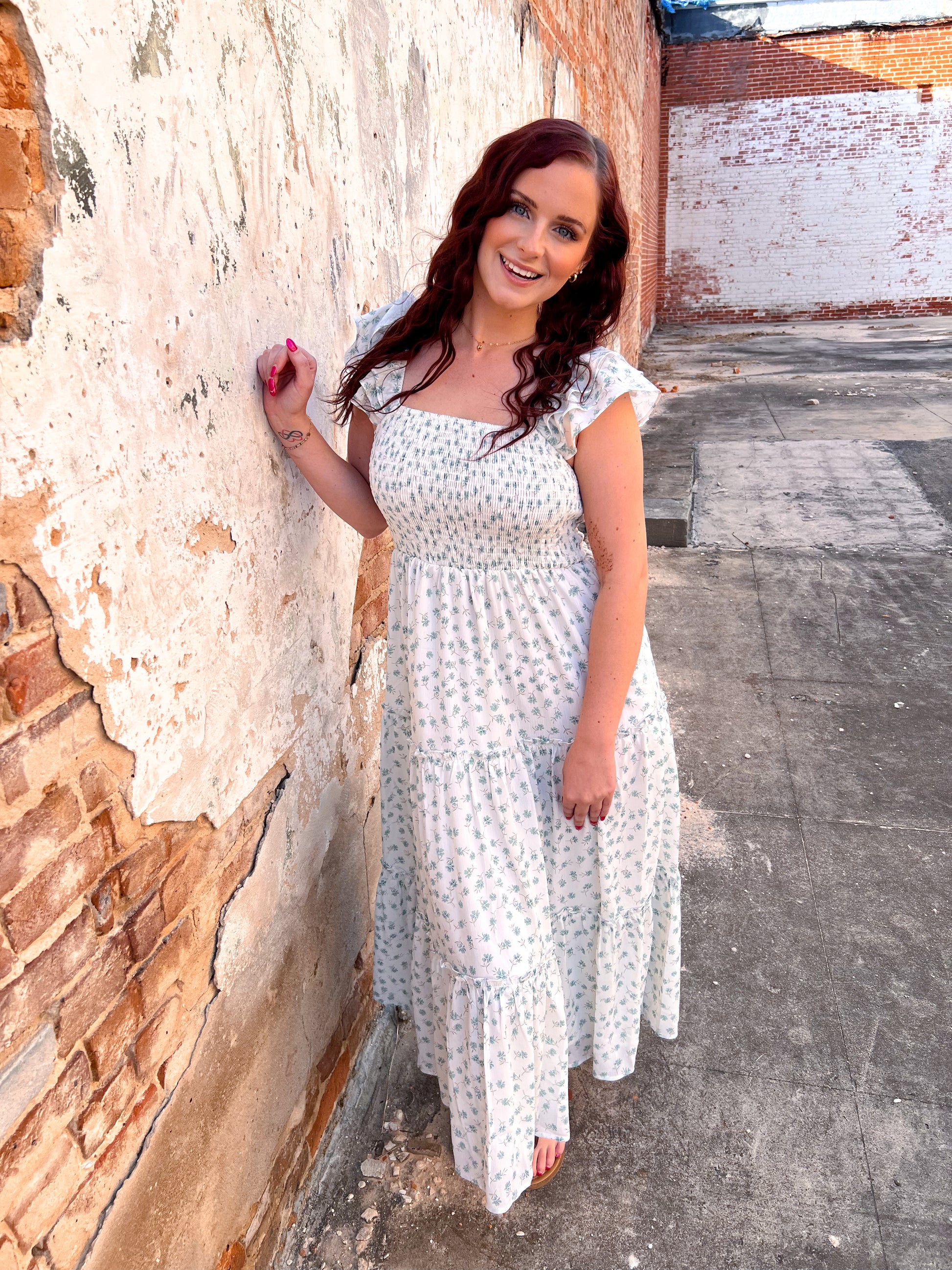 Etta Chiffon Floral Smocked Midi Dress With Ruffled Sleeves-Dresses-in february-Bin d2,DJR,FD 05/27/25-The Twisted Chandelier