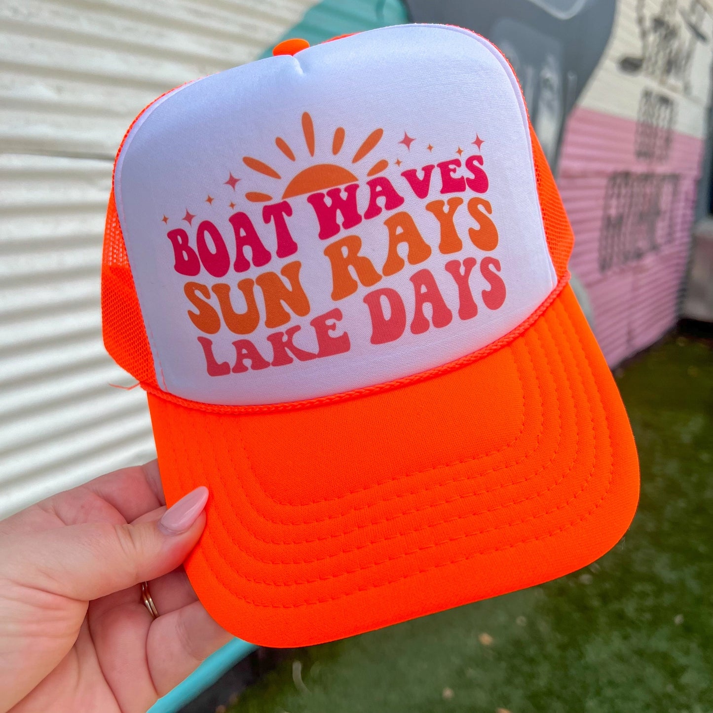 Boat Waves, Sun Rays, Lake Days Snapback Foam Trucker Hat-Trucker Hat-Turquoise & Tequila-CR 04/21/25-The Twisted Chandelier