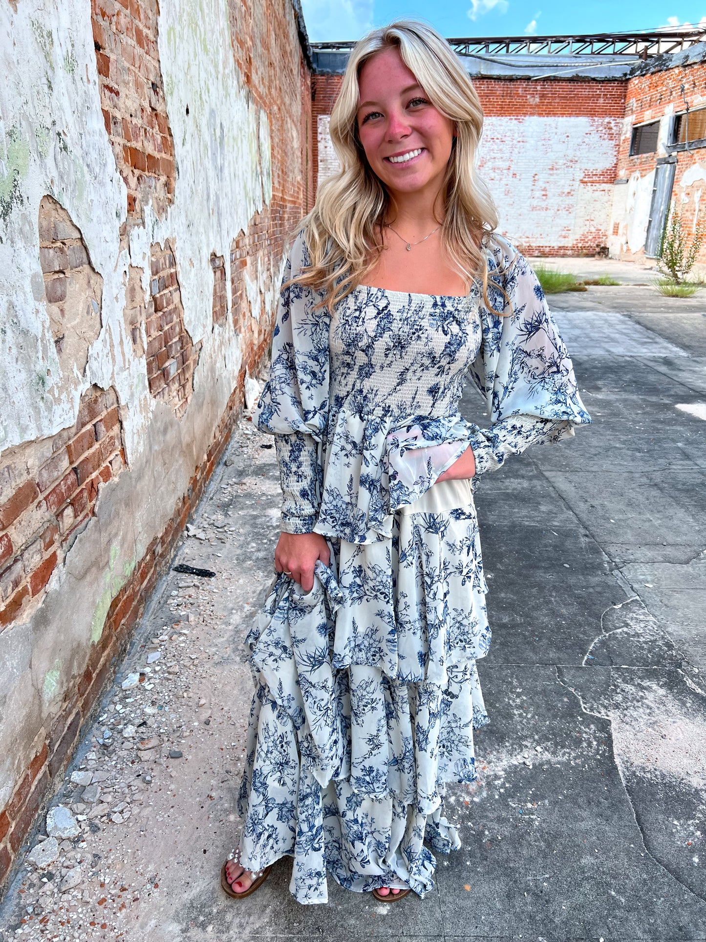 Josephine Floral China Print Long Sleeve Tiered Maxi Dress-Maxi Dress-Entro-Bin d5, CR 08/21/24-The Twisted Chandelier