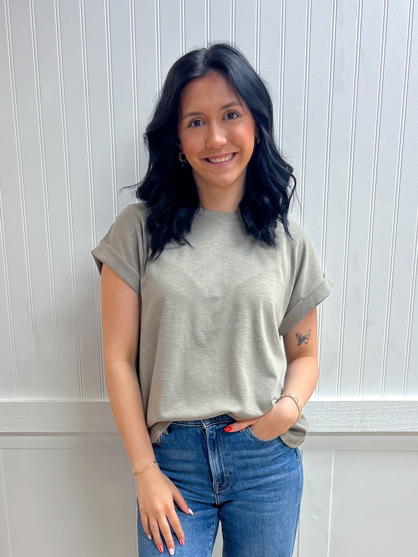 Delaney Cotton Modal Slub Rolled Sleeve Tee - Mushroom-ZENANA-Tops Collection-The Twisted Chandelier