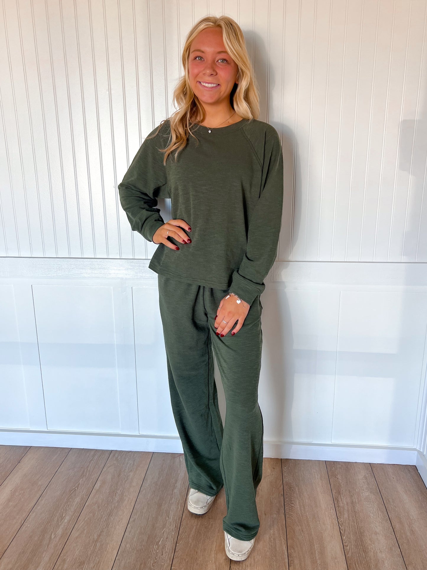 Sally Long Sleeve Top and Pant Set - Dark Olive-Zenana-The Twisted Chandelier