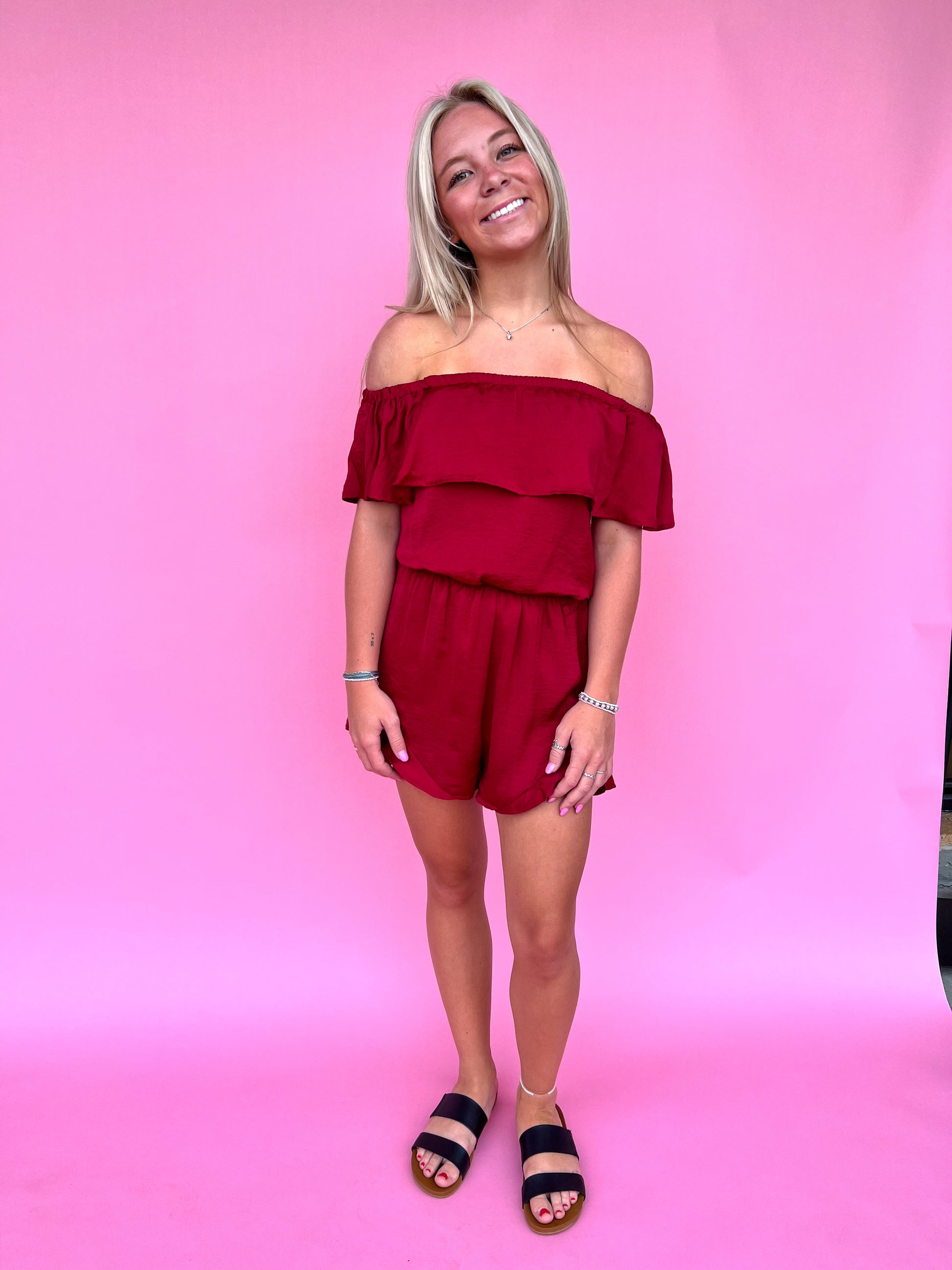 Mila Off The Shoulder Satin Romper-Romper-She & Sky-08/18/24, 1st md, Bin b2, gameday, OGP 49.99, SS8084-The Twisted Chandelier