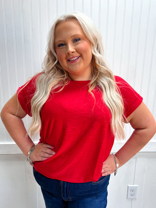 Addie Slub Cuffed Sleeve Tee - Plus - Ruby-Top-ZENANA-FD 08/05/26,Tops Collection-The Twisted Chandelier