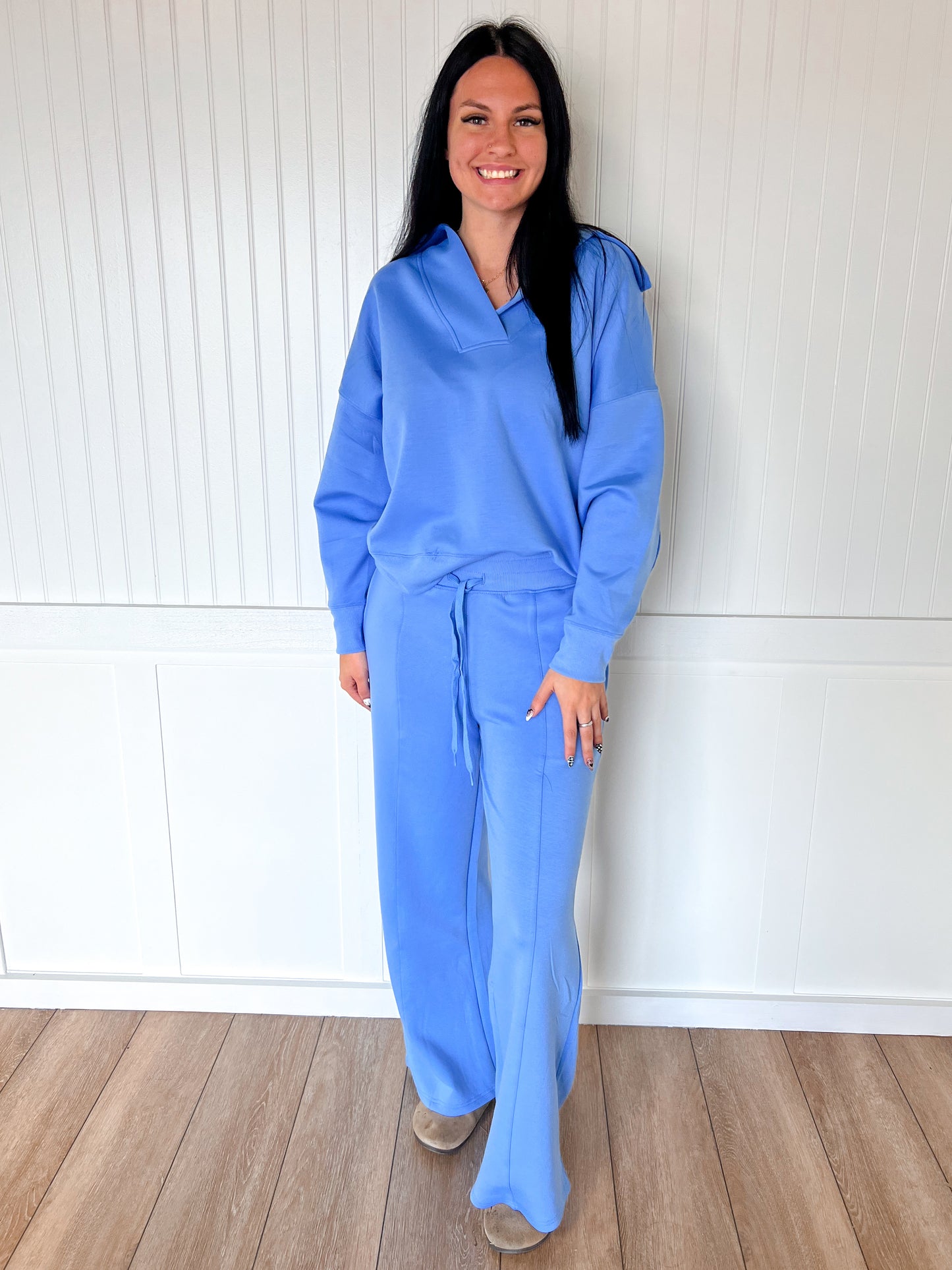 Presley Scuba Collared Pullover & Pants Set – Deep V Lounge Set with Drawstring Pants-Outfit Sets-Zenana-FD 11/6/25-The Twisted Chandelier