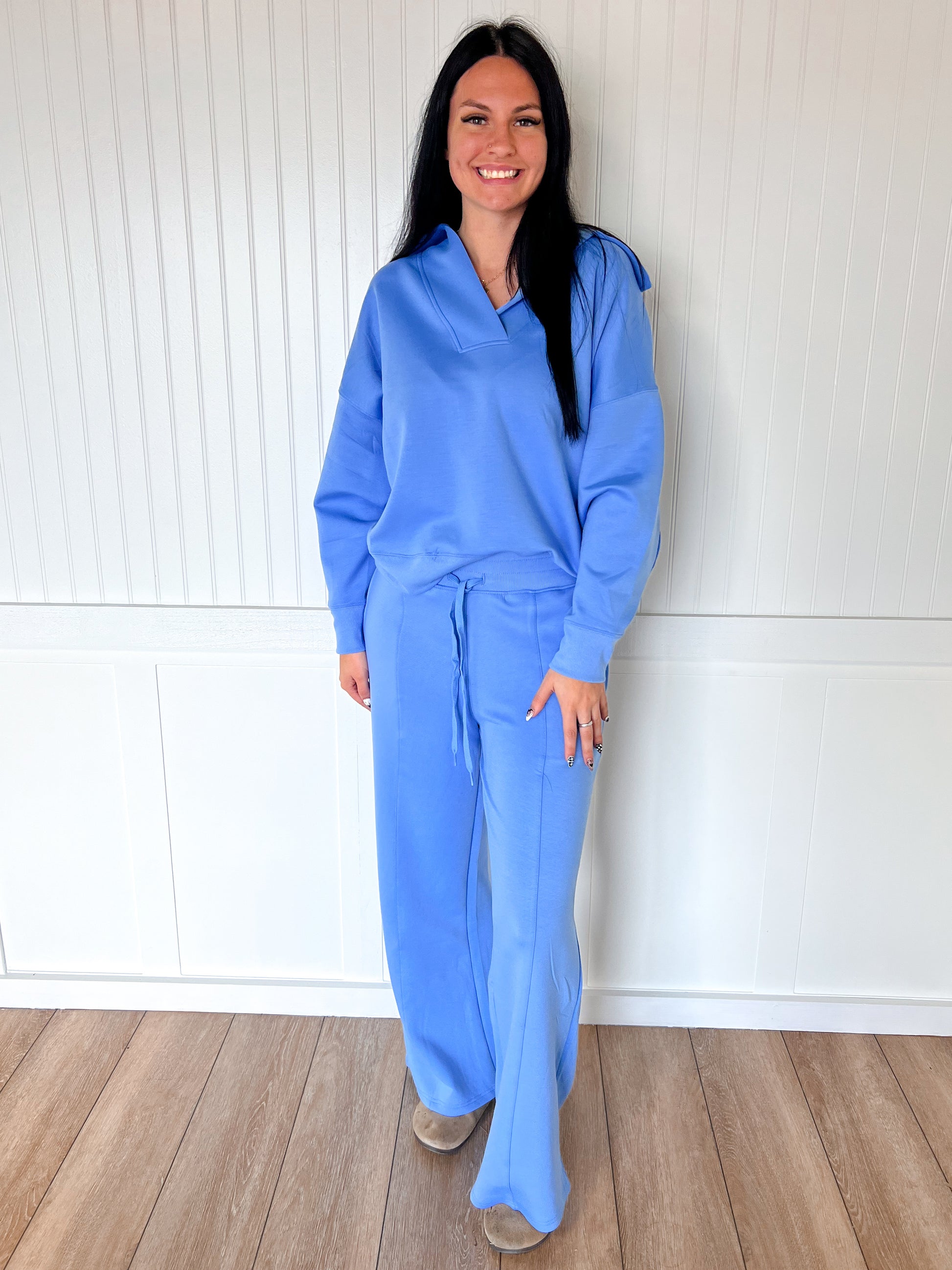 Presley Scuba Collared Pullover & Pants Set – Deep V Lounge Set with Drawstring Pants-Outfit Sets-Zenana-FD 11/6/25-The Twisted Chandelier