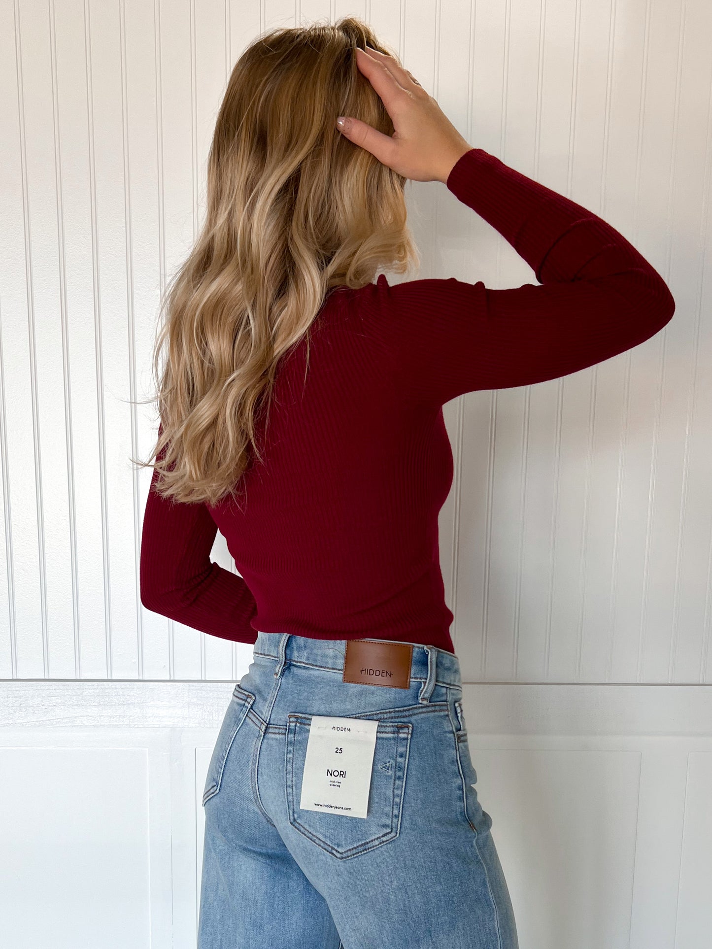 Coraline Long Sleeve Crew Neck Viscose Rib Sweater - Wine-Active Basic | Active USA-Tops Collection-The Twisted Chandelier