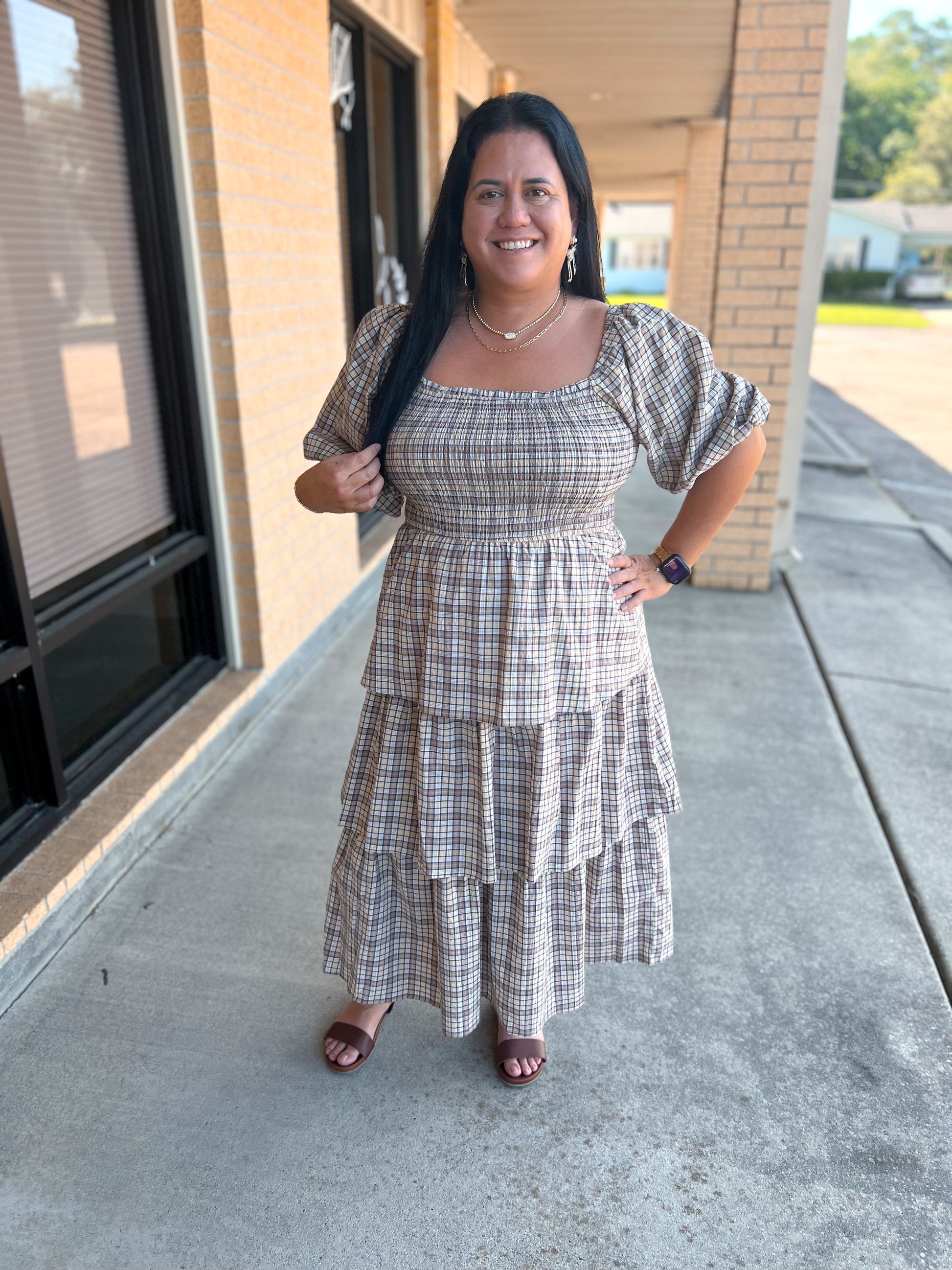 Charlotte Crinkled Plaid Smocked Top Midi Dress-Oddi-Bin B3,DJR-The Twisted Chandelier