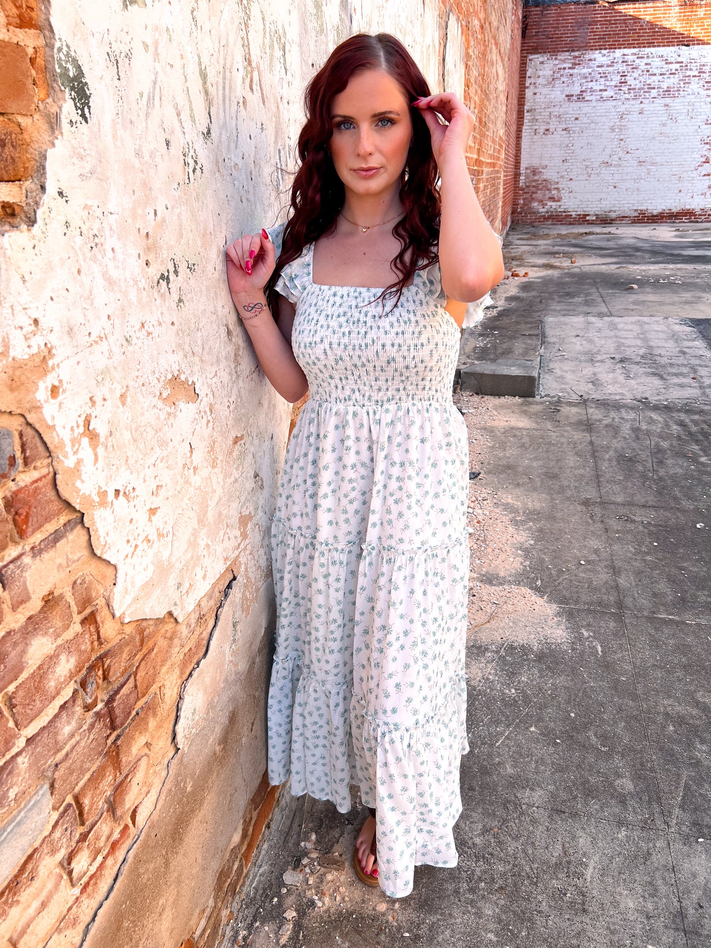 Etta Chiffon Floral Smocked Midi Dress With Ruffled Sleeves-Dresses-in february-Bin d2,DJR,FD 05/27/25-The Twisted Chandelier