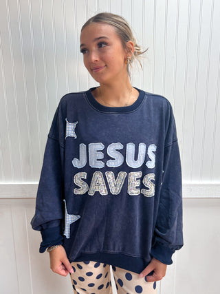 Jesus Saves Patchwork Crew Neck Sweatshirt