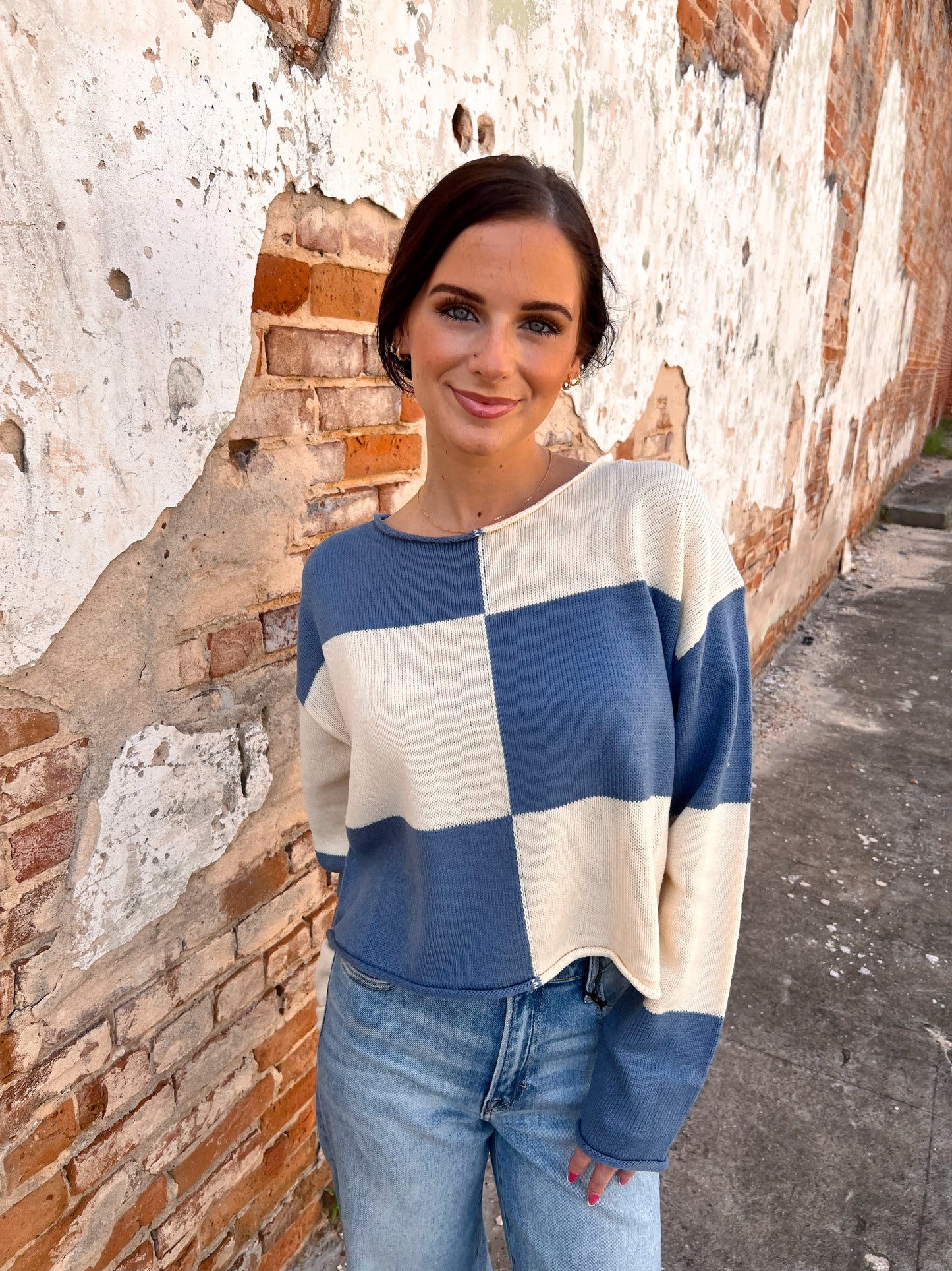 Paige Checkered Sweater Loose Fit Rolled Hem Sweater-La Miel-Bin a1,FD 09/09/25,Tops Collection-The Twisted Chandelier