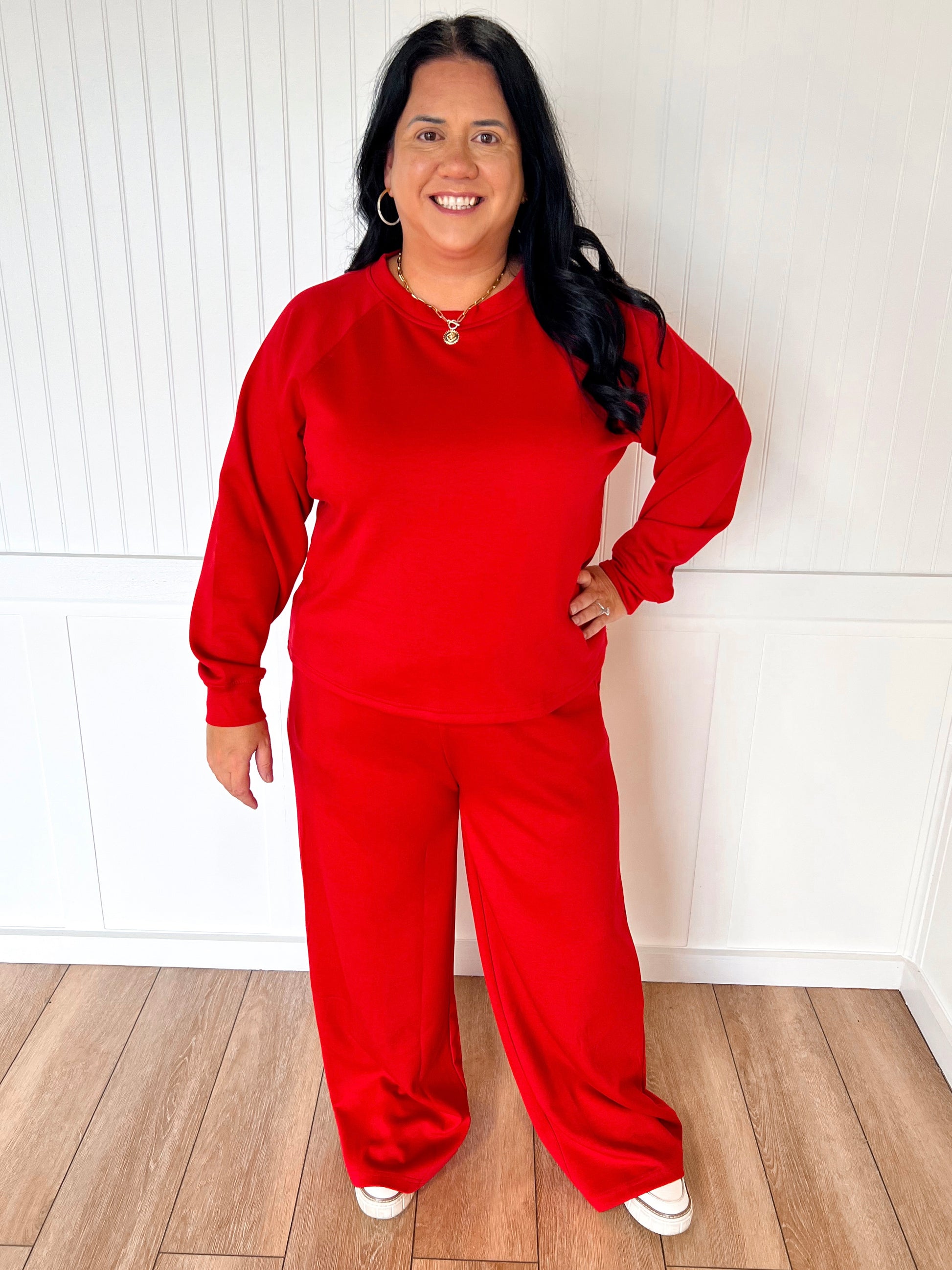 Tessa Scuba Crewneck Pullover & Pants 2-Piece Lounge Set – Soft Stretch Matching Set - Red-Outfit Sets-Zenana-FD 11/6/25-The Twisted Chandelier