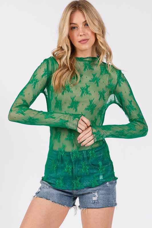 Lux Layering Floral Lace See Through Mesh Top Blouse | Hunter Green-Sewn and Seen-The Twisted Chandelier