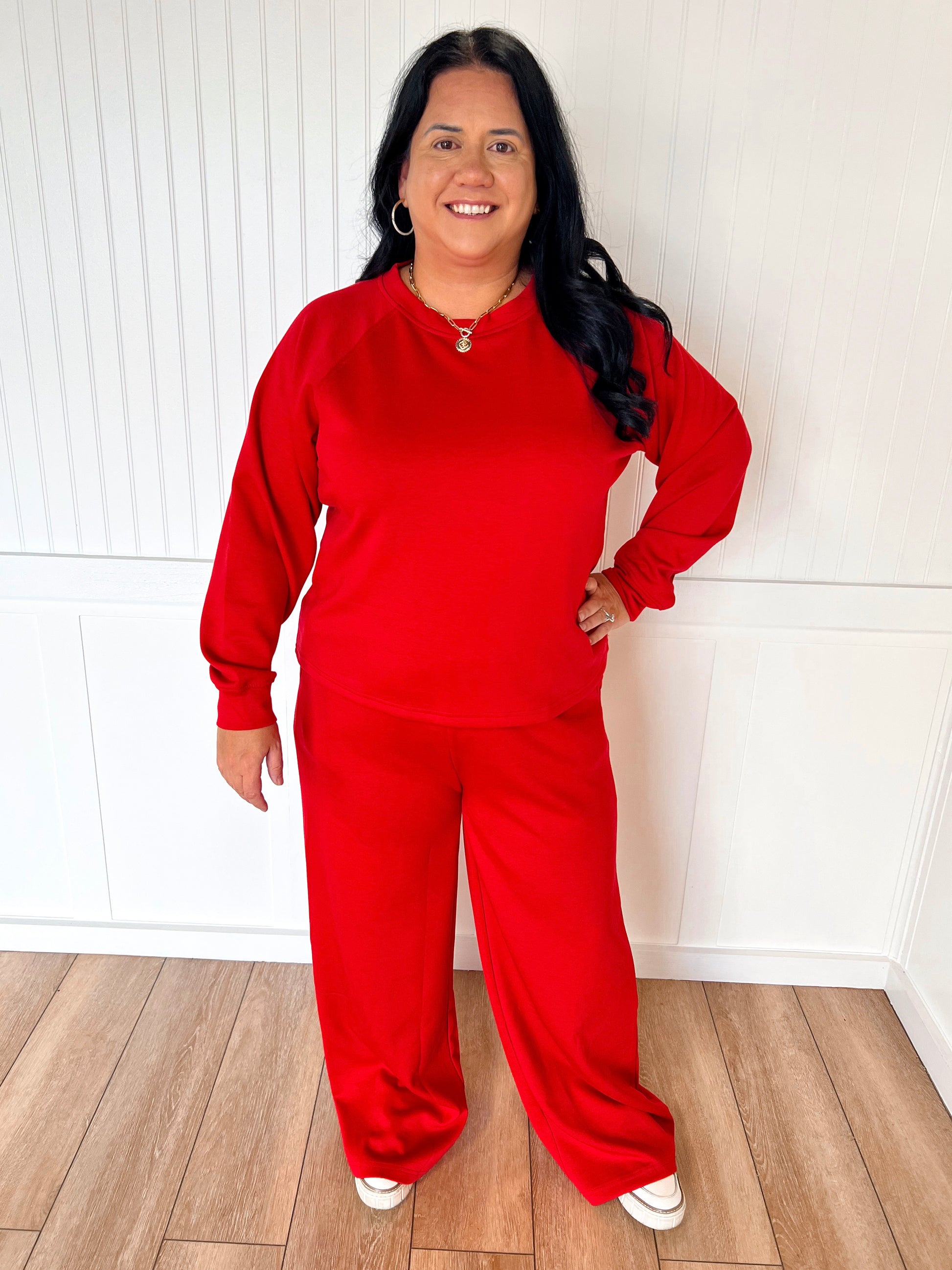 Tessa Scuba Crewneck Pullover & Pants 2-Piece Lounge Set – Soft Stretch Matching Set - Red-Outfit Sets-Zenana-FD 11/6/25-The Twisted Chandelier