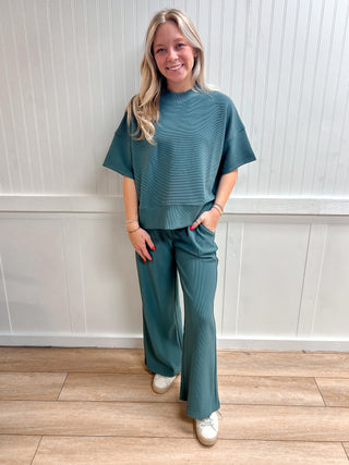 Jovie Ribbed Round Neck Tee & Pants Set – Soft Knit Two-Piece Lounge Outfit - Ash Jade-Outfit Sets-Zenana-05/07/26,FD 03/12/26,OGP 59.95-The Twisted Chandelier