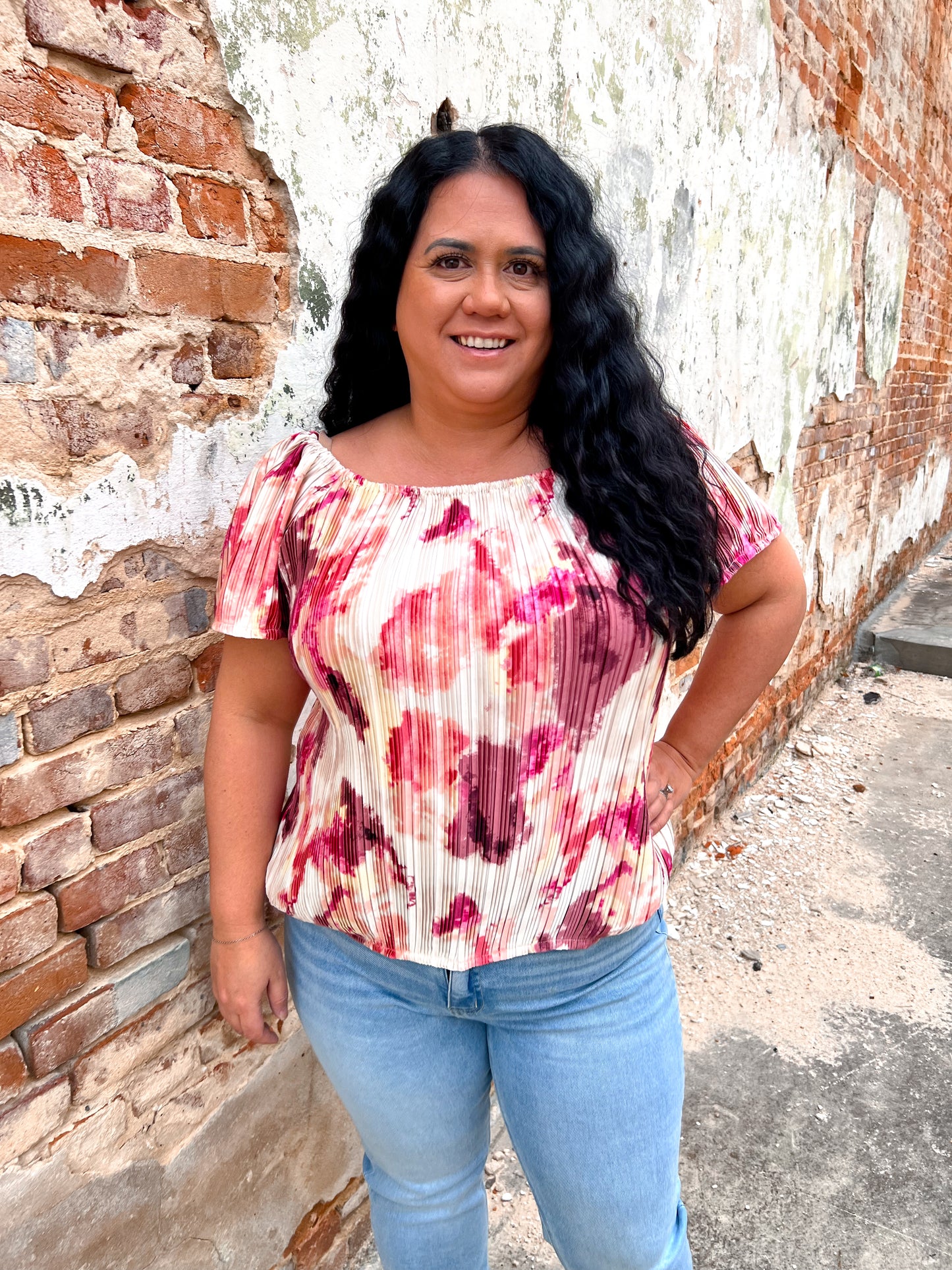 Aleena Ombre Watercolor Off The Shoulder Top-Top-Southern Grace Wholesale-9338e-The Twisted Chandelier