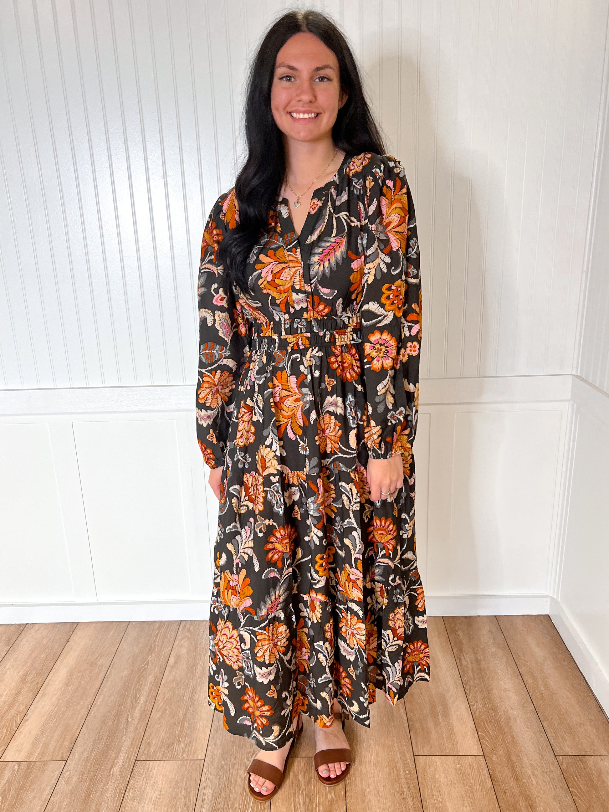 Ember Floral Printed Long Sleeve Midi Dress-Oddi-Bin b2,DJR,FD 10/28/25,OGP 74.99-The Twisted Chandelier