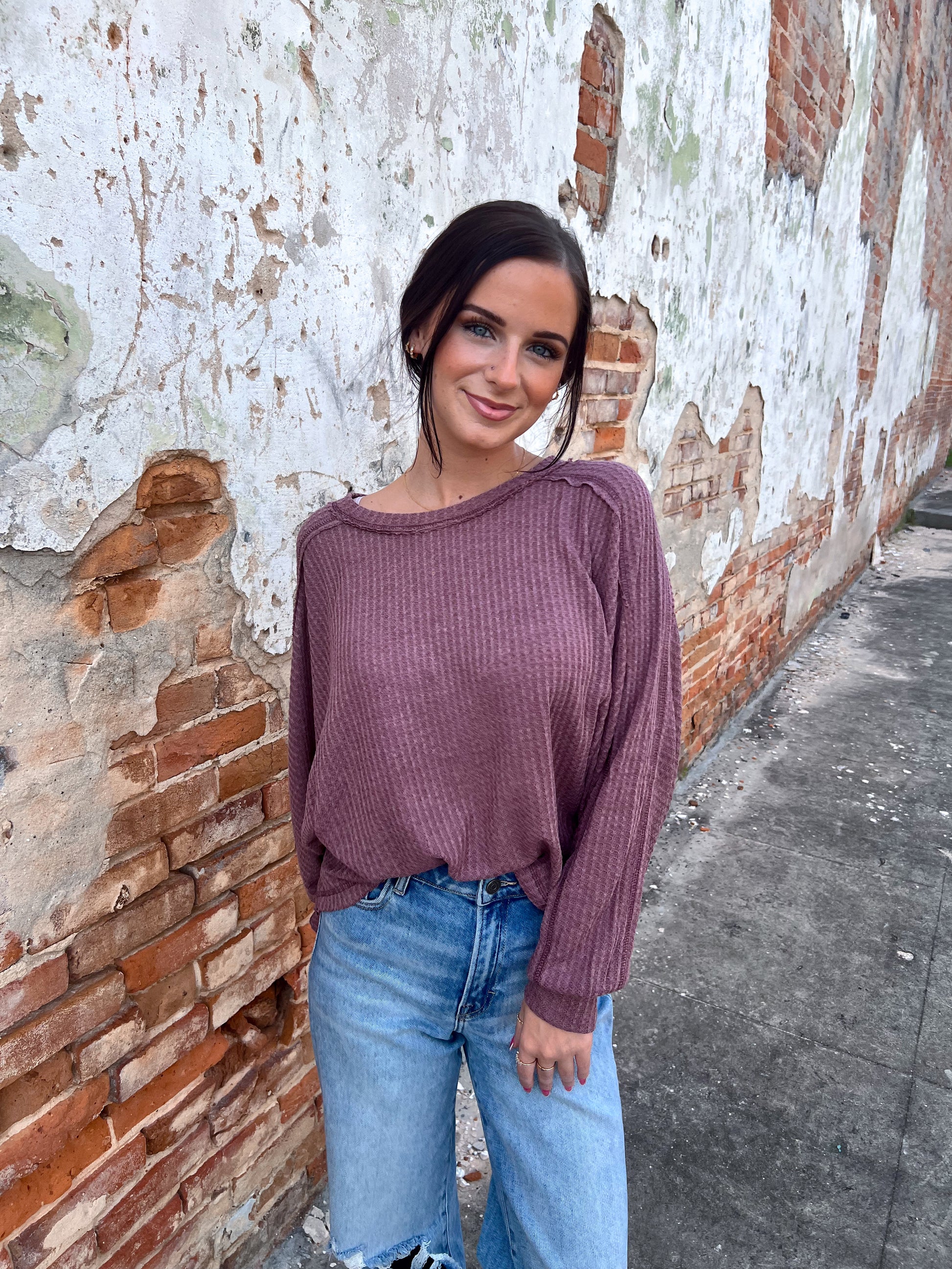 Everly Brushed Waffle Fabric Loose Fit Long Sleeve Top-La Miel-Bin d5,FD 8/5/25,HAT7565,Tops Collection-The Twisted Chandelier