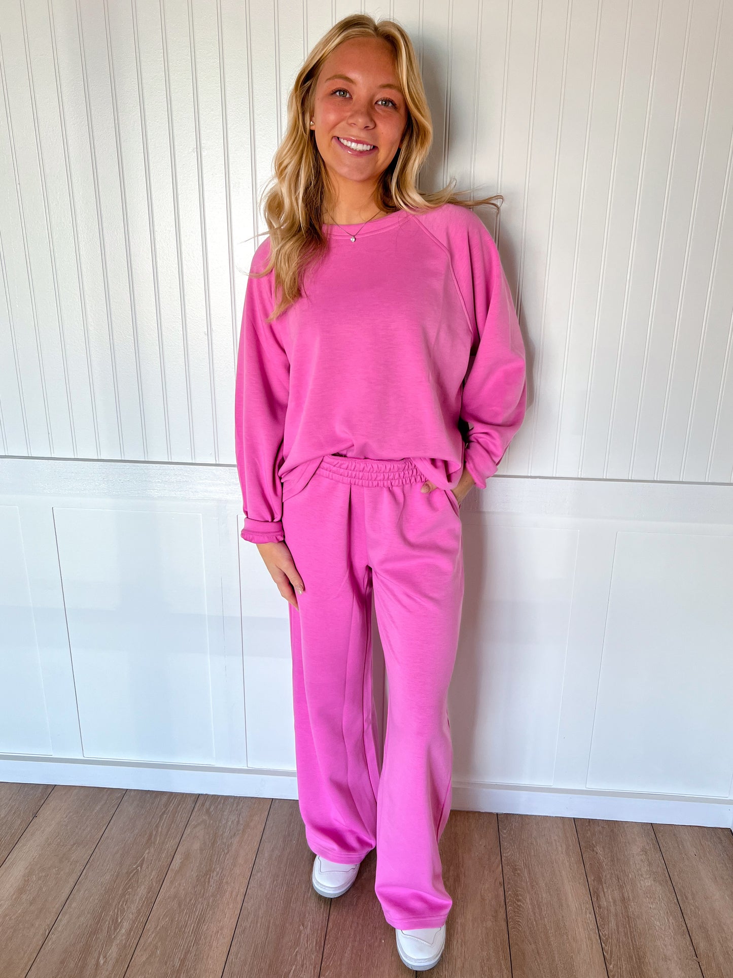 Tessa Scuba Crewneck Pullover & Pants 2-Piece Lounge Set – Soft Stretch Matching Set - Pink-Outfit Sets-Zenana-FD 11/6/25-The Twisted Chandelier