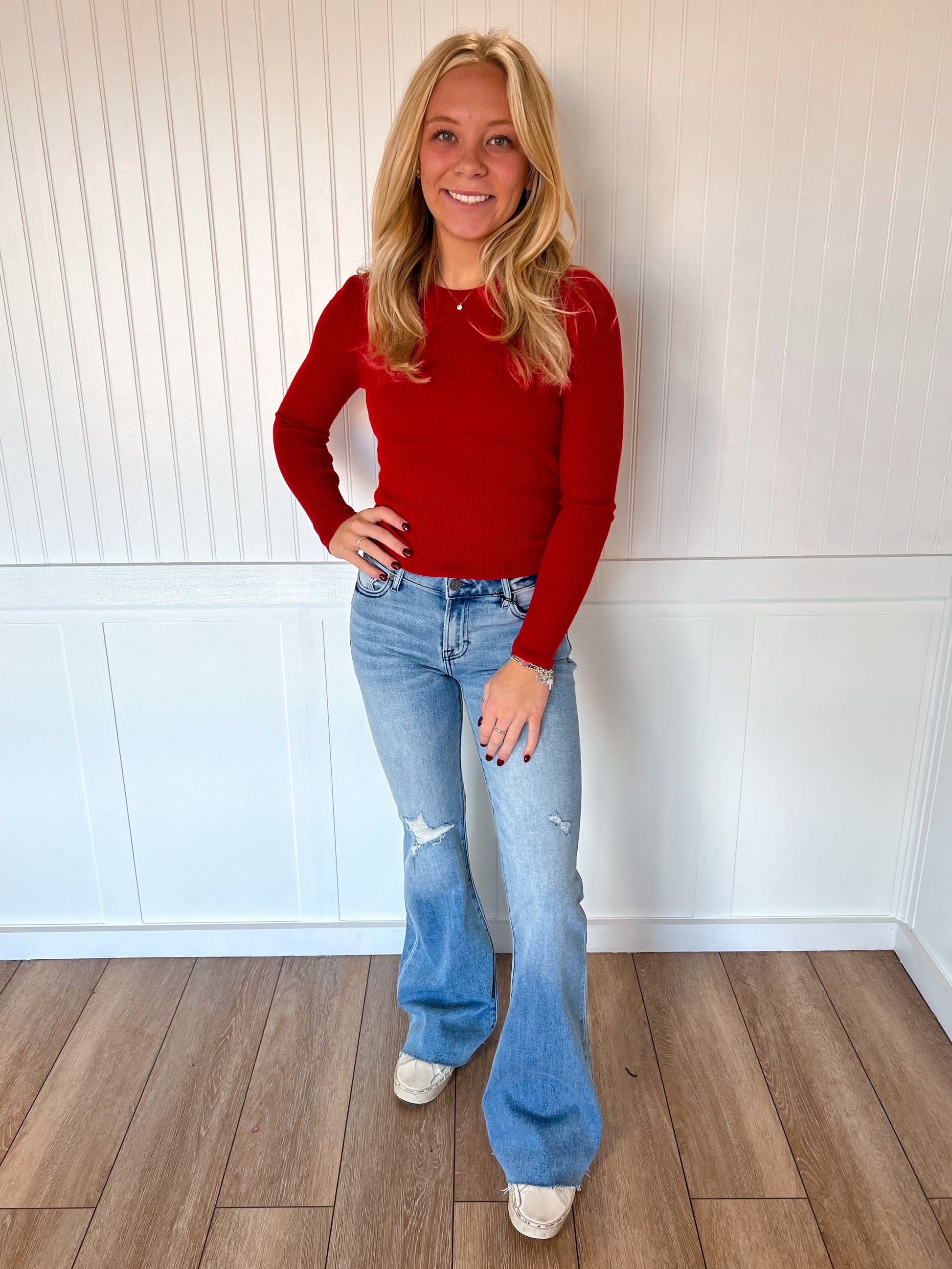 Coraline Long Sleeve Crew Neck Viscose Rib Sweater - Red-Active Basic | Active USA-The Twisted Chandelier