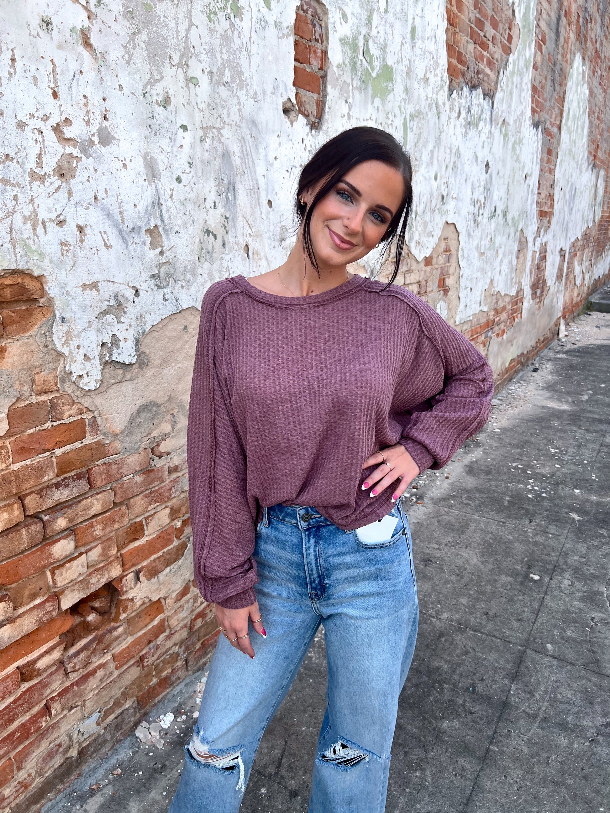 Everly Brushed Waffle Fabric Loose Fit Long Sleeve Top-La Miel-Bin d5,FD 8/5/25,HAT7565,Tops Collection-The Twisted Chandelier