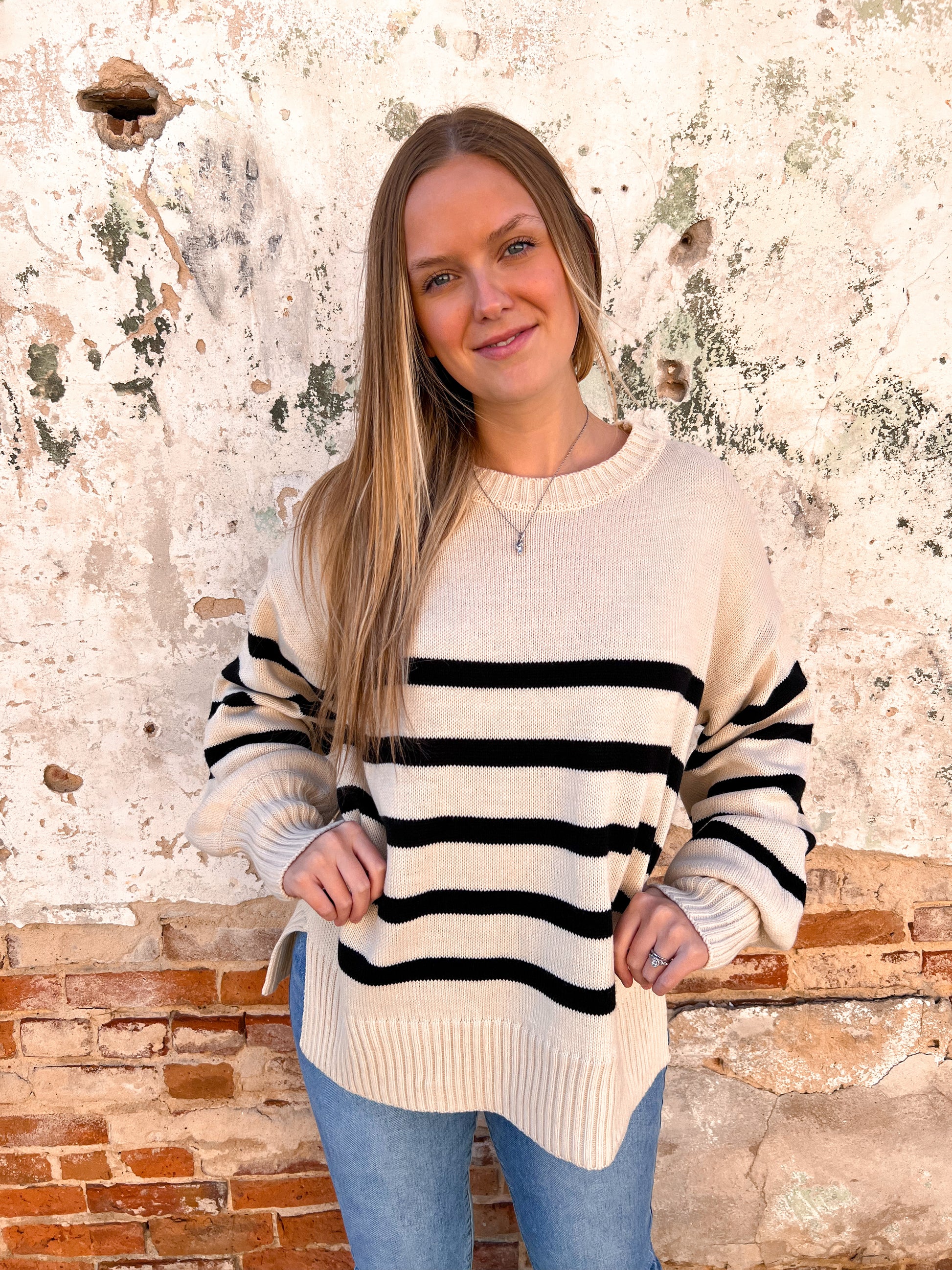 Aurora Striped Sweater - Taupe and Black-Sweatshirt-better be--The Twisted Chandelier