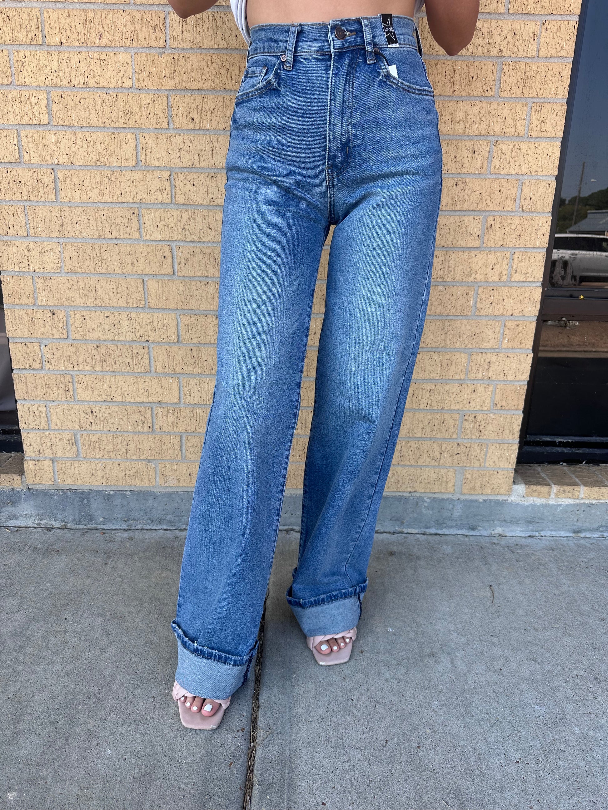 Harlow Cuff Up Medium Stone Wide Leg Jeans-Vibrant M.i.U-Bin a4,bottoms-The Twisted Chandelier