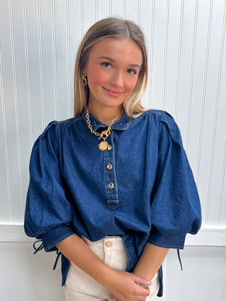 Presley Solid Puff Sleeve Denim Top-Top-ENTRO-Fall Favorites,FD 09/09/26,NewArrival,Tops Collection-The Twisted Chandelier