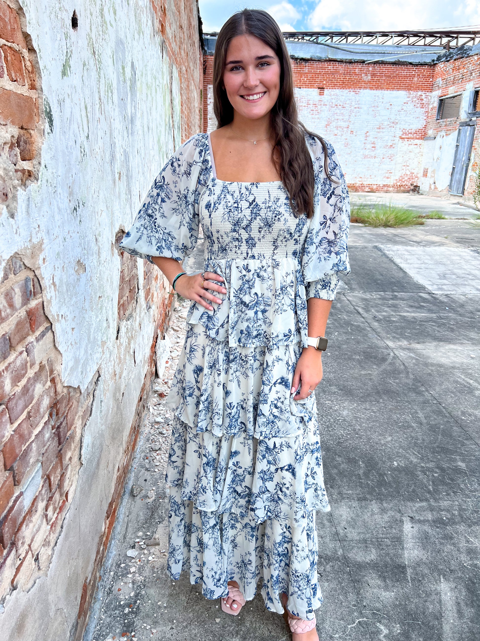 Josephine Floral China Print Long Sleeve Tiered Maxi Dress-Maxi Dress-Entro-BIN A5, CR 08/21/24-The Twisted Chandelier