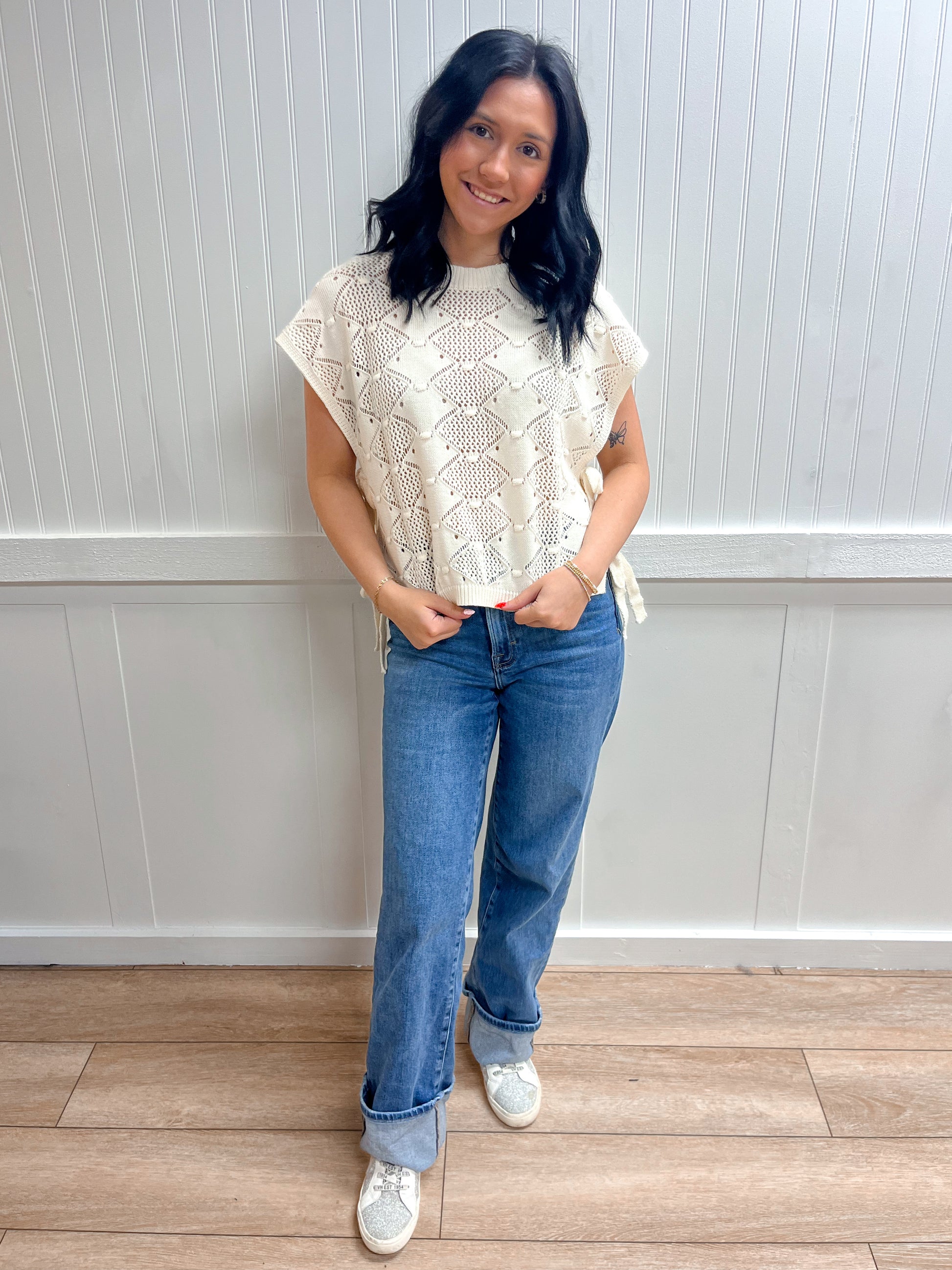 Zara Clip Dot Short Sleeve Side Tie Crochet Sweater-Blu Pepper-FD 03/12/26,Tops Collection-The Twisted Chandelier