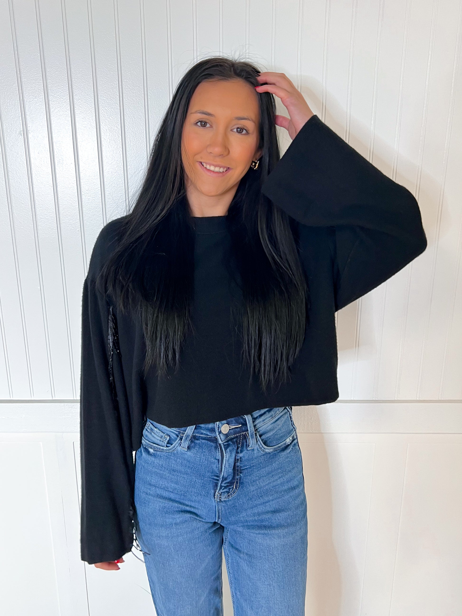 Valentina Black Sweater Rhinestone Fringed Sleeves-Sweater-Vocal-20005L,Max Retail,not on the floor only in totes,Winter Tote T1-The Twisted Chandelier