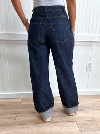 Morgan Dark Denim Wide Leg Cuffed Jeans