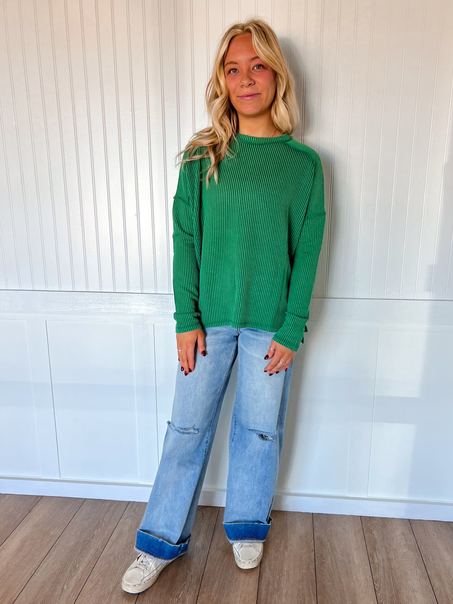 Ellis Raised Rib Raw Edge Boat Neck Long Sleeve Top-Zenana-Tops Collection-The Twisted Chandelier