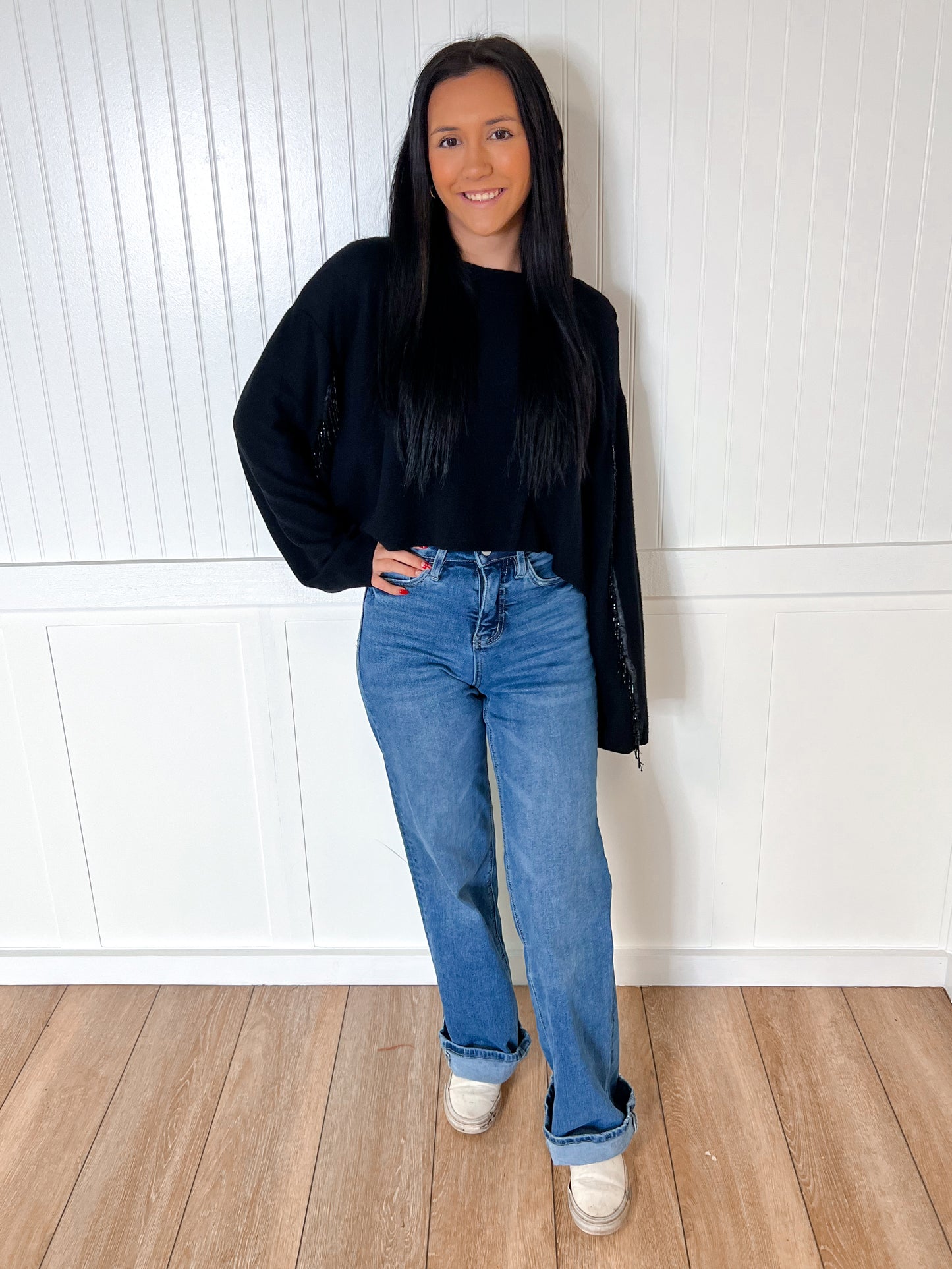 Valentina Black Sweater Rhinestone Fringed Sleeves-Sweater-Vocal-20005L,Max Retail,not on the floor only in totes,Winter Tote T1-The Twisted Chandelier