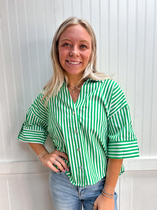 Caroline Striped Elbow Sleeve Collared Button-Down Top