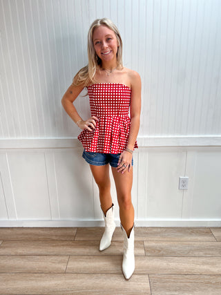 Palmer Checkered Strapless Peplum Top-Shirts & Tops-ENTRO-FD 04/20/26,RWB,Tops Collection-The Twisted Chandelier