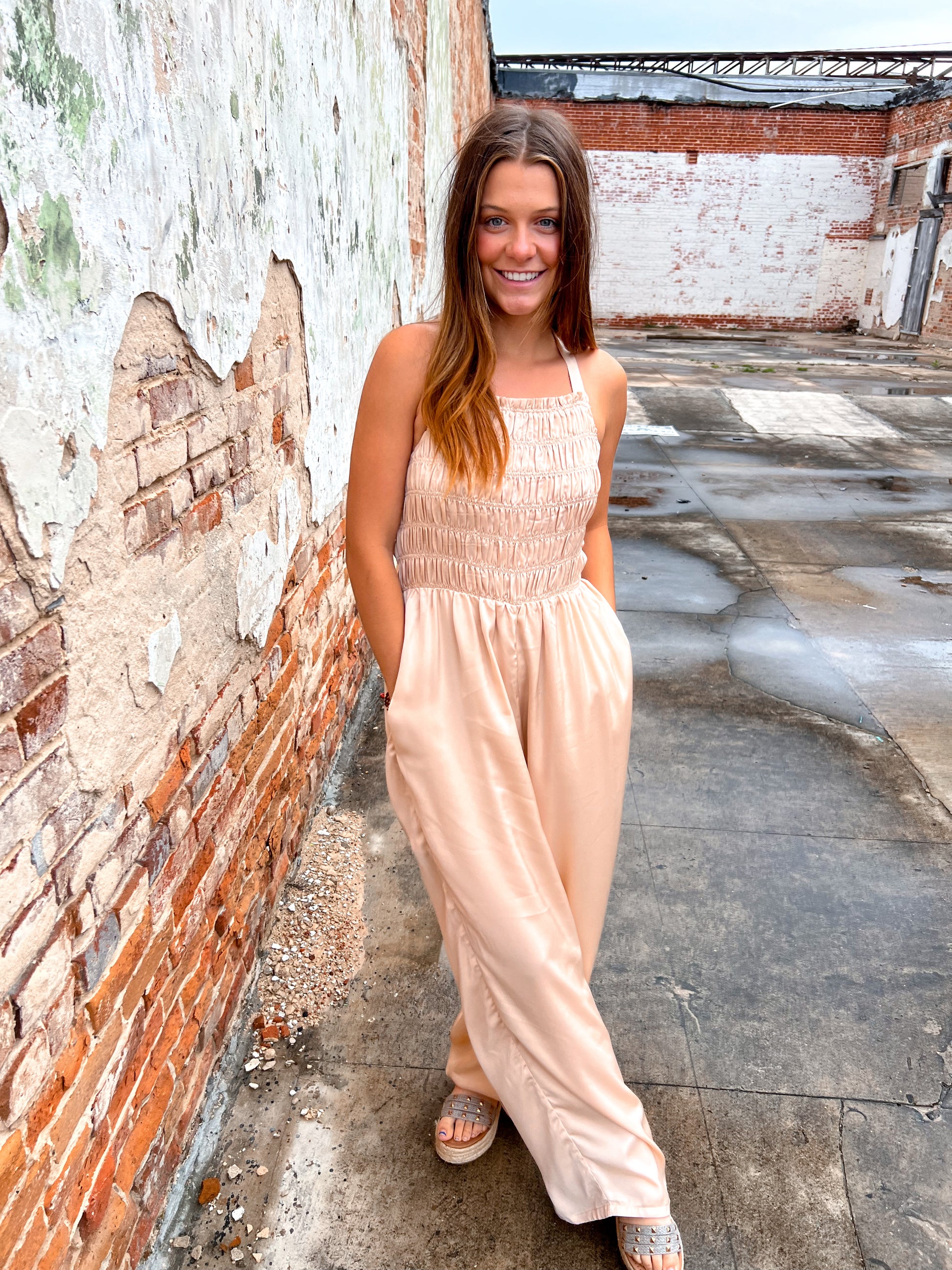 Davina Halter Neck Tie Closure Smocked Jumpsuit-Jumpsuits & Rompers-Davi & Dani-Bin b2, DR30073-The Twisted Chandelier