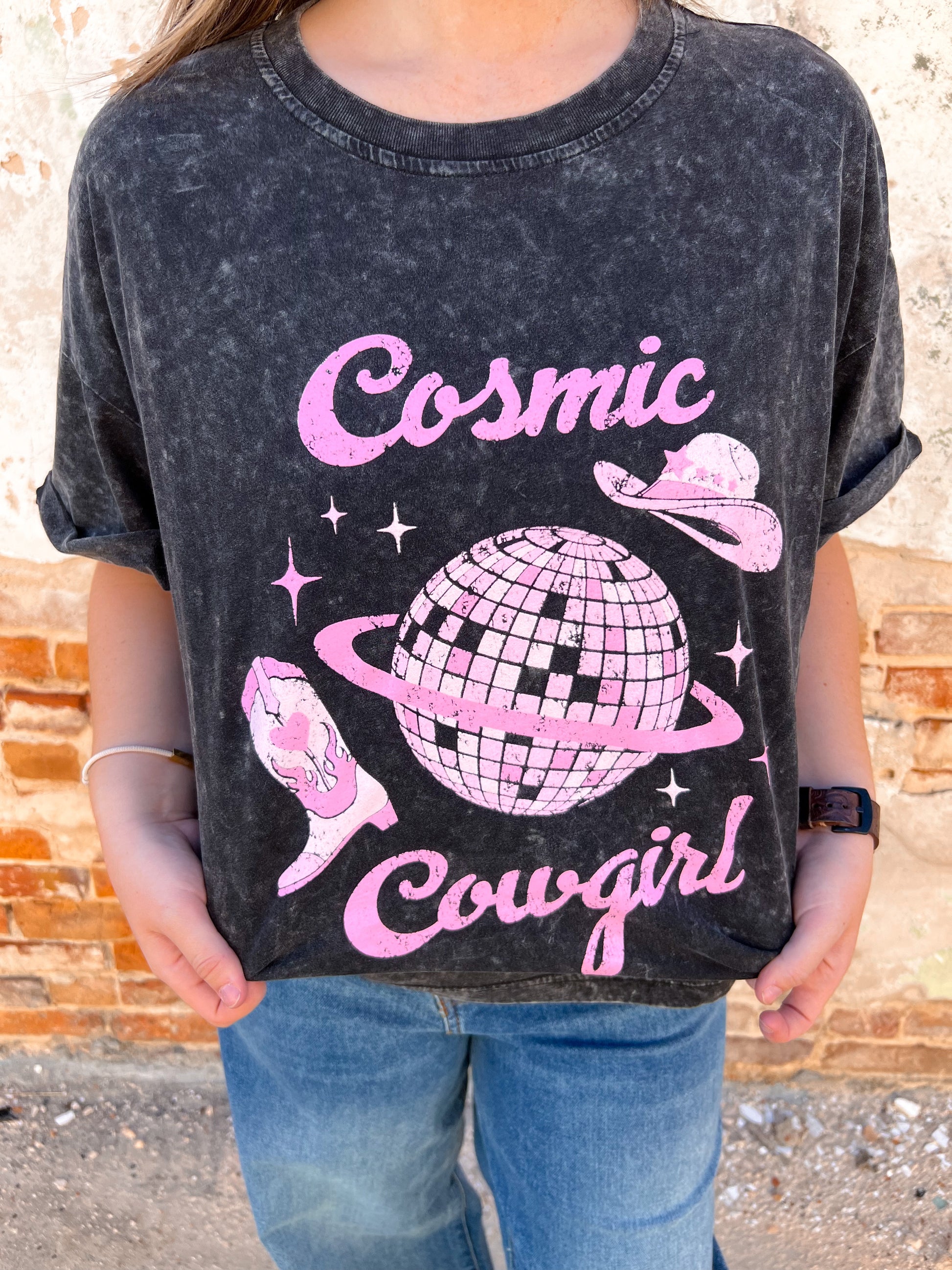 This Cosmic Cowgirl Disco Ball Graphic T-Shirt-top-Zutter-BIN B2-The Twisted Chandelier