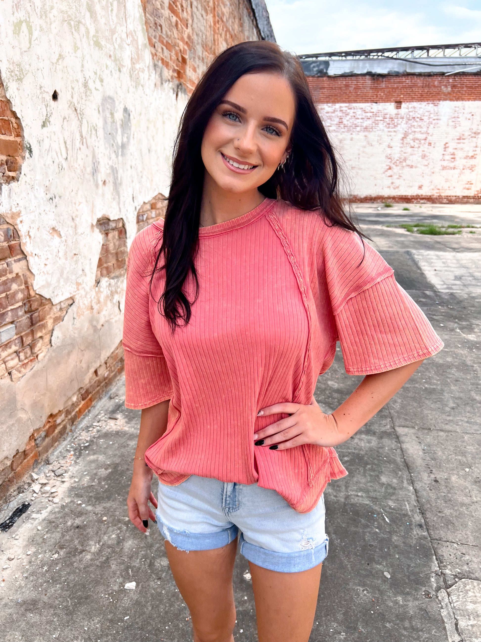 Cassie Mineral Washed Oversized Ribbed Knit Casual Top - Coral-VERY J-Bin d2,FD 06/10/25-The Twisted Chandelier