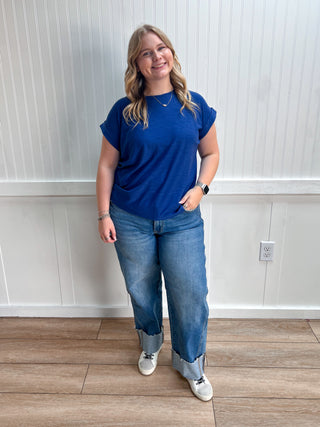Addie Slub Cuffed Sleeve Tee - Navy-Top-ZENANA-FD 08/03/26,Tops Collection-The Twisted Chandelier