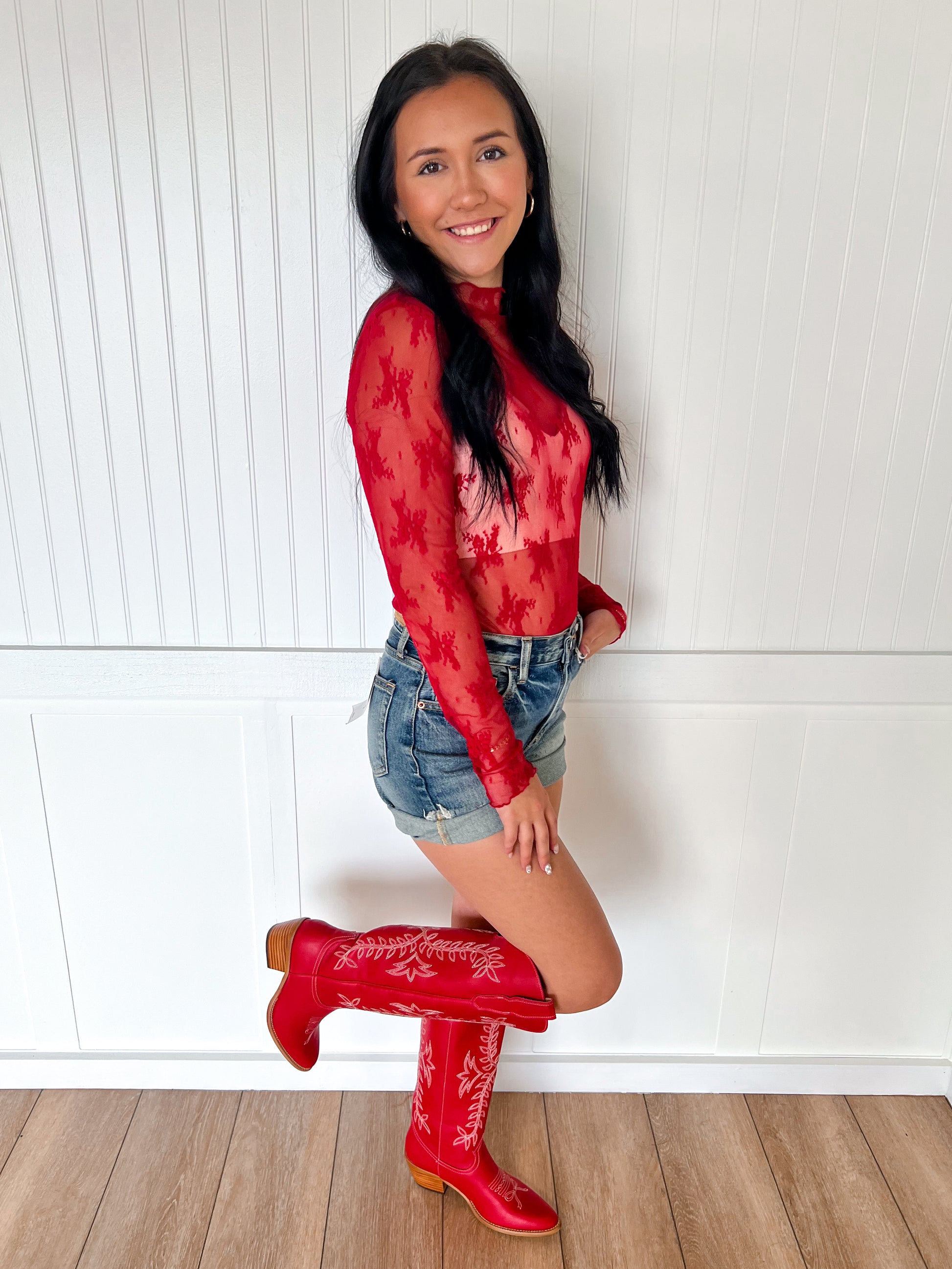 Lux Layering Floral Lace See Through Mesh Top Blouse | Red-Sheer Top-ZENANA-rodeo,Tops Collection-The Twisted Chandelier
