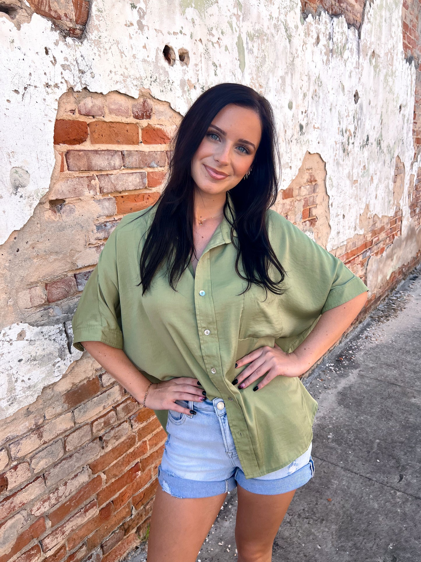 Evalina Solid Short Sleeve Button Down Top-Apparel & Accessories-ee:some-BIN D3,FD 06/18/24,TK11019,Tops Collection-The Twisted Chandelier